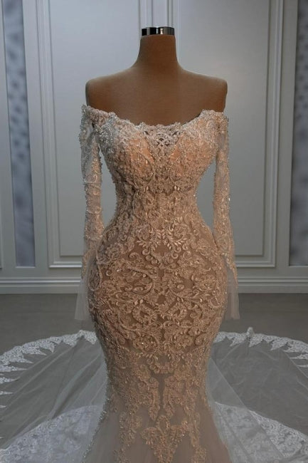 Dressystars White Wedding Dress Mermaid Strapless Beaded Off The Shoulder Sleeve Chapel Train Lace Bridal Gown