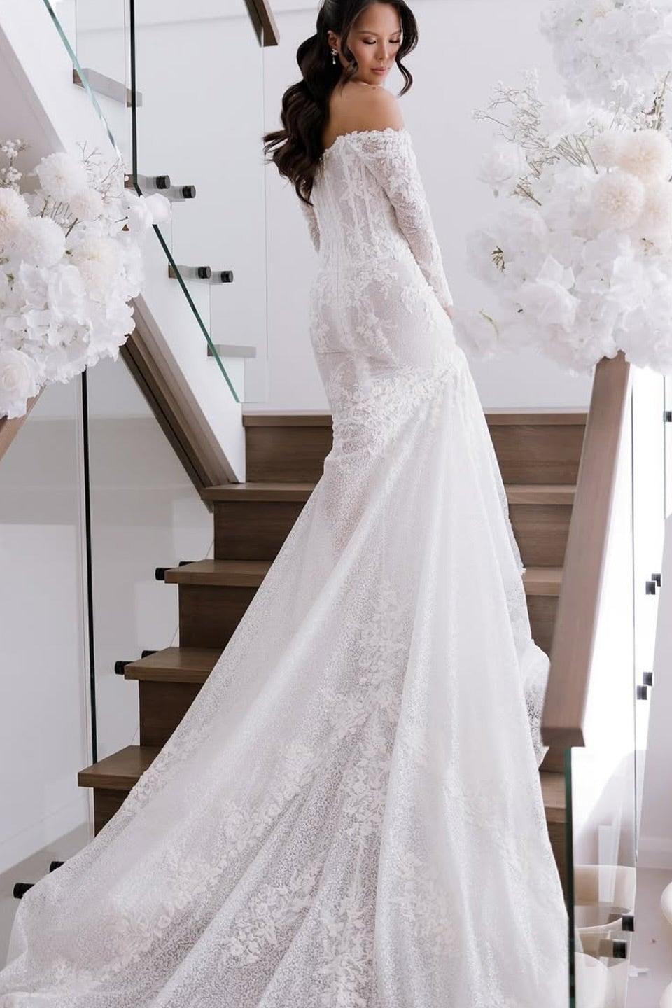 Dressystars White Wedding Dress Mermaid Strapless Off The Shoulder Beaded Lace Sleeves Cathedral Train Tulle Bridal Gown