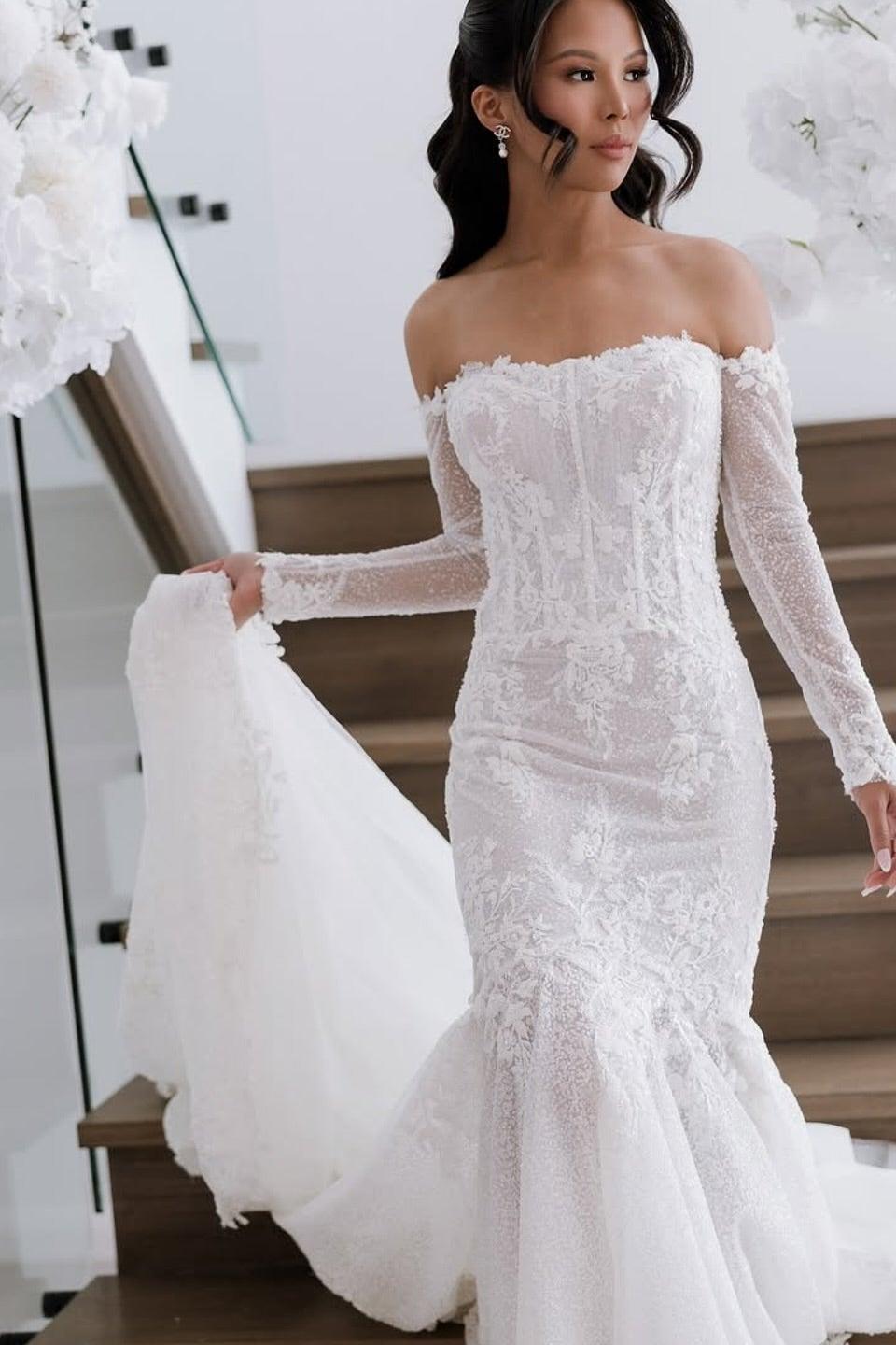 Dressystars White Wedding Dress Mermaid Strapless Off The Shoulder Beaded Lace Sleeves Cathedral Train Tulle Bridal Gown