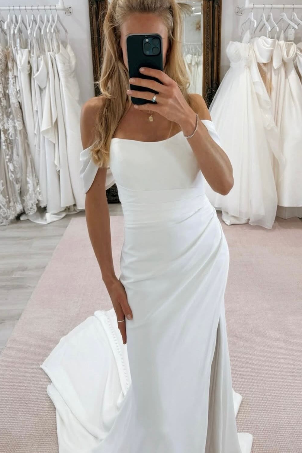 Dressystars White Wedding Dress Mermaid Strapless Off The Shoulder Sleeveless Chapel Train Satin Bridal Gown With Slit