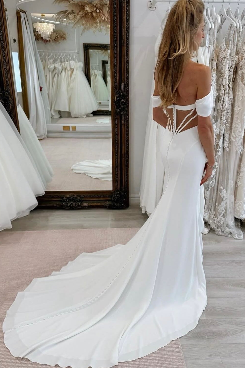 Dressystars White Wedding Dress Mermaid Strapless Off The Shoulder Sleeveless Chapel Train Satin Bridal Gown With Slit