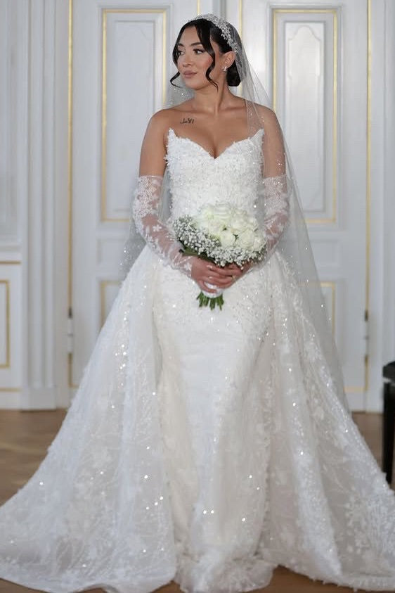 Dressystars White Wedding Dress Mermaid Strapless Sleeveless Lace Bridal Gown With Detachable Panel Train