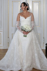 Dressystars White Wedding Dress Mermaid Strapless Sleeveless Lace Bridal Gown With Detachable Panel Train