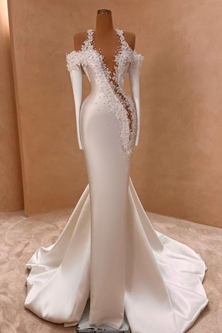Dressystars White Wedding Dress Mermaid Straps Satin Sleeves Bridal Gown With Pearls