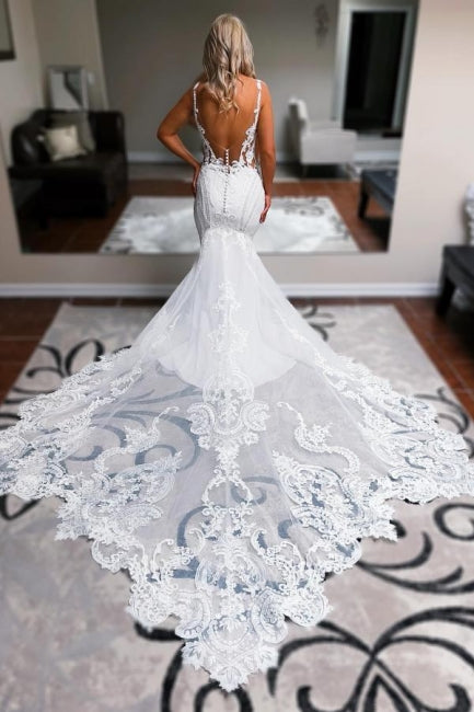 Dressystars White Wedding Dress Mermaid Straps V Neck Backless Bridal Gown With Lace