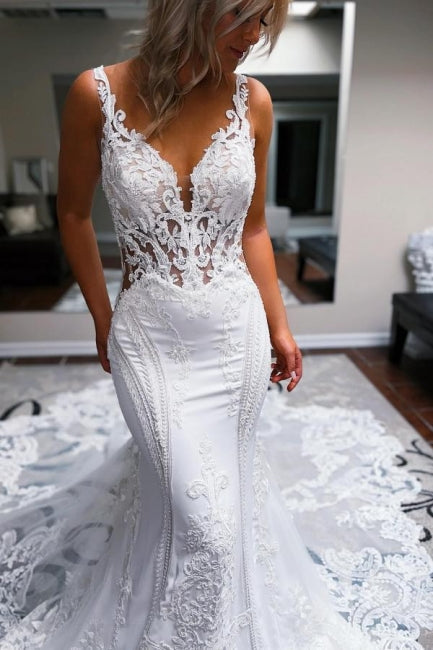 Dressystars White Wedding Dress Mermaid Straps V Neck Backless Bridal Gown With Lace