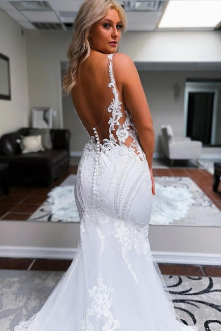 Dressystars White Wedding Dress Mermaid Straps V Neck Backless Bridal Gown With Lace