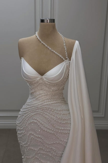 Dressystars White Wedding Dress Mermaid Sweetheart Beaded Off The Shoulder Cap Sleeve Satin Bridal Gown With Pearls