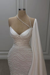 Dressystars White Wedding Dress Mermaid Sweetheart Beaded Off The Shoulder Cap Sleeve Satin Bridal Gown With Pearls