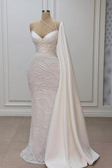 Dressystars White Wedding Dress Mermaid Sweetheart Beaded Off The Shoulder Cap Sleeve Satin Bridal Gown With Pearls