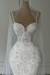 Dressystars White Wedding Dress Mermaid Sweetheart Beaded Sleeveless Bridal Gown With Pearls
