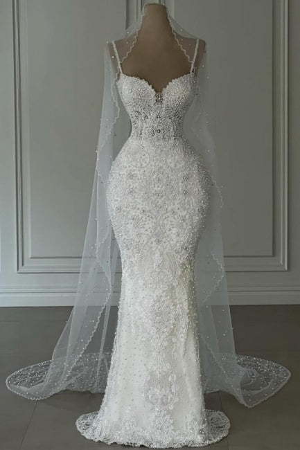 Dressystars White Wedding Dress Mermaid Sweetheart Beaded Sleeveless Bridal Gown With Pearls