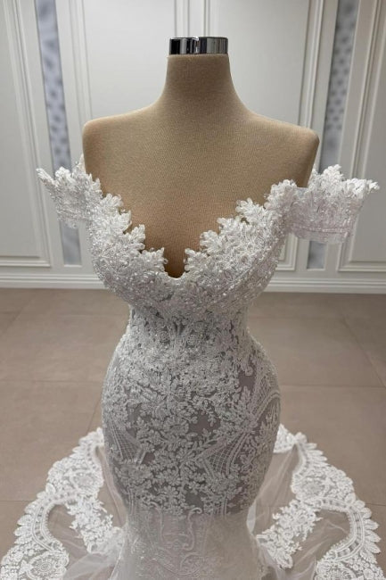 Dressystars White Wedding Dress Mermaid Sweetheart Off The Shoulder Lace Tulle Bridal Gown With Appliques
