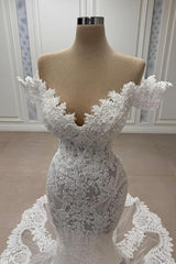 Dressystars White Wedding Dress Mermaid Sweetheart Off The Shoulder Lace Tulle Bridal Gown With Appliques