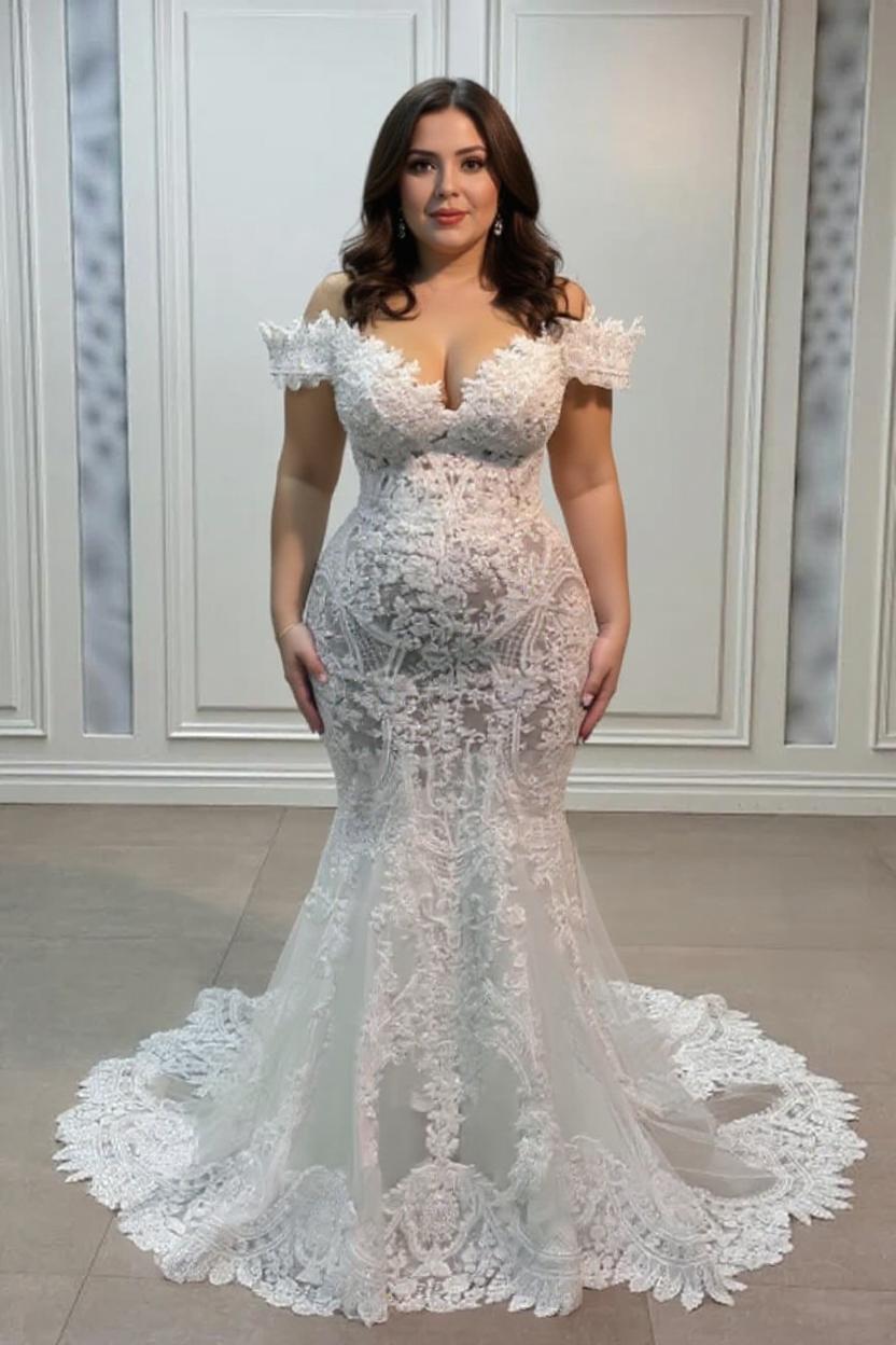 Dressystars White Wedding Dress Mermaid Sweetheart Off The Shoulder Lace Tulle Bridal Gown With Appliques