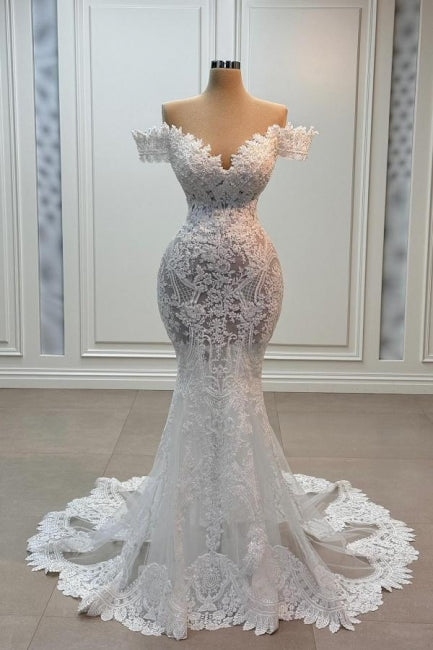 Dressystars White Wedding Dress Mermaid Sweetheart Off The Shoulder Lace Tulle Bridal Gown With Appliques