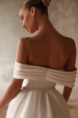 Dressystars White Wedding Dress Mermaid Sweetheart Off The Shoulder Sleeveless Panel Train Satin Bridal Gown With Pearls
