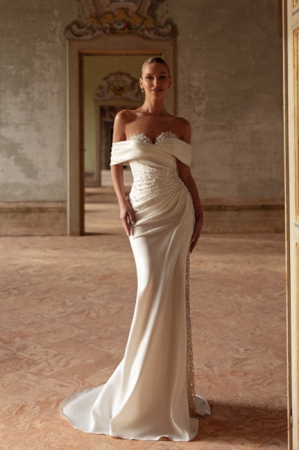 Dressystars White Wedding Dress Mermaid Sweetheart Off The Shoulder Sleeveless Panel Train Satin Bridal Gown With Pearls