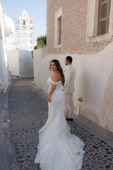 Dressystars White Wedding Dress Mermaid Sweetheart Off The Shoulder Sleeveless Sweep Train Tulle Bridal Gown With Appliques