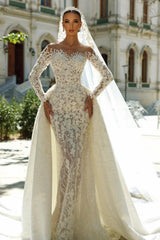 Dressystars White Wedding Dress Mermaid Sweetheart Off The Shoulder Sleeves Detachable Panel Train Lace Bridal Gown