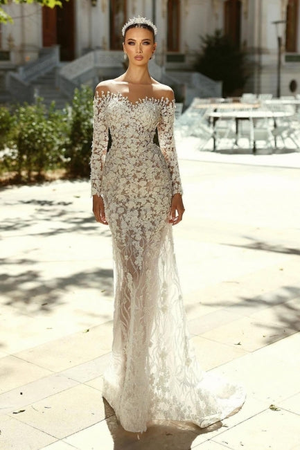 Dressystars White Wedding Dress Mermaid Sweetheart Off The Shoulder Sleeves Detachable Panel Train Lace Bridal Gown