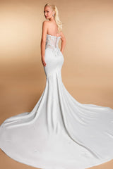 Dressystars White Wedding Dress Mermaid Sweetheart Sleeveless Sweep Train Satin Bridal Gown With Appliques