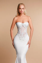 Dressystars White Wedding Dress Mermaid Sweetheart Sleeveless Sweep Train Satin Bridal Gown With Appliques