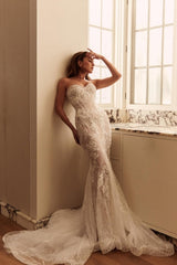 Dressystars White Wedding Dress Mermaid Sweetheart Sleeveless Sweep Train Tulle Lace Bridal Gown With Appliques