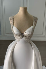 Dressystars White Wedding Dress Mermaid Sweetheart Spaghetti Sleeveless Panel Train Satin Bridal Gown With Beadings
