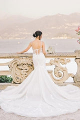 Dressystars White Wedding Dress Mermaid Sweetheart Spaghetti Strap Tulle Bridal Gown With Appliques