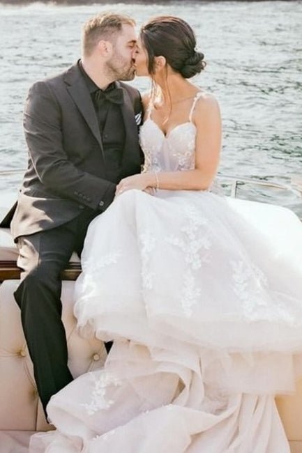 Dressystars White Wedding Dress Mermaid Sweetheart Spaghetti Strap Tulle Bridal Gown With Appliques