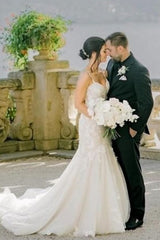 Dressystars White Wedding Dress Mermaid Sweetheart Spaghetti Strap Tulle Bridal Gown With Appliques