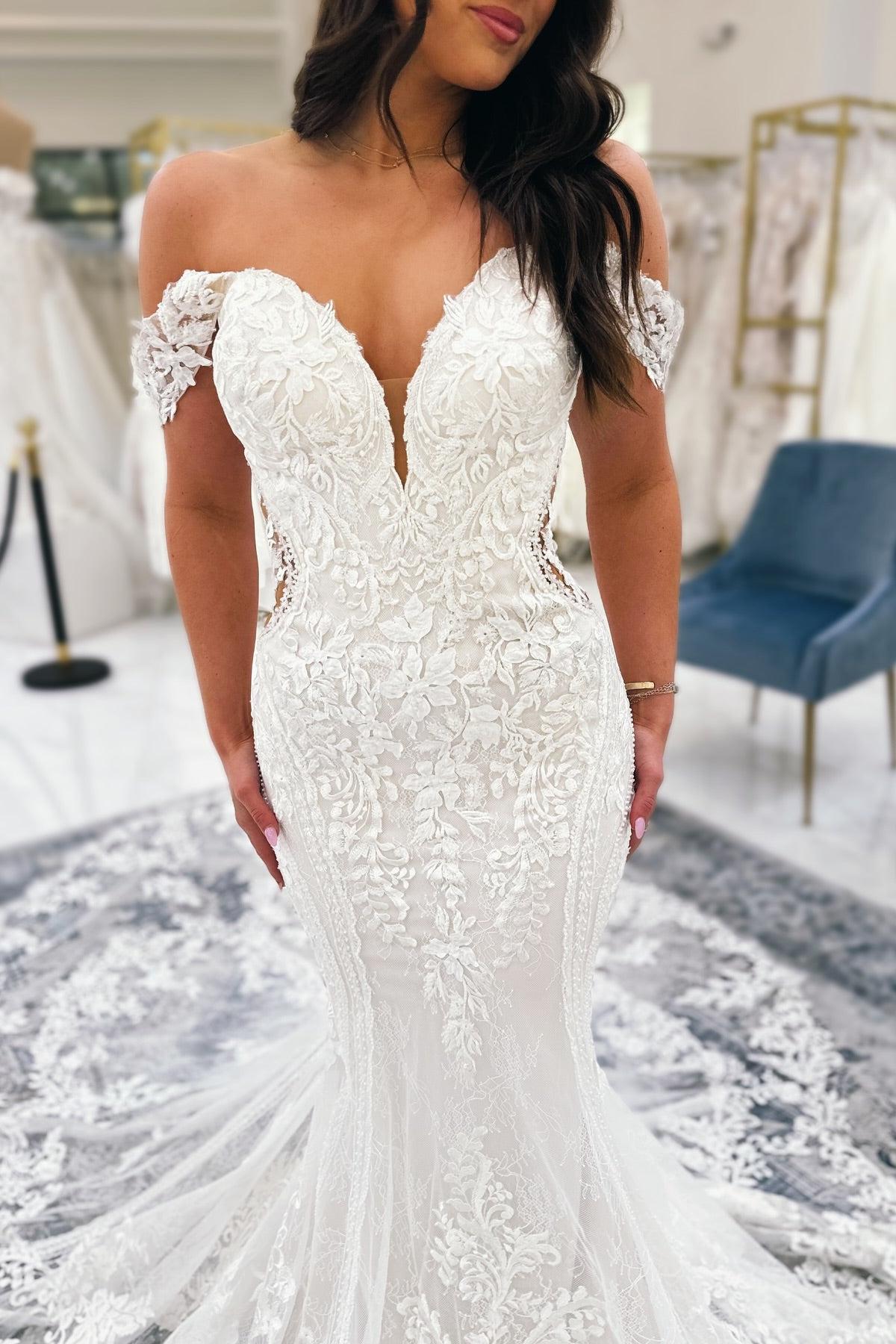 Dressystars White Wedding Dress Mermaid V Neck Off The Shoulder Lace Cathedral Train Bridal Gown With Appliques