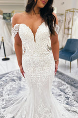 Dressystars White Wedding Dress Mermaid V Neck Off The Shoulder Lace Cathedral Train Bridal Gown With Appliques