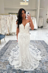 Dressystars White Wedding Dress Mermaid V Neck Off The Shoulder Lace Cathedral Train Bridal Gown With Appliques