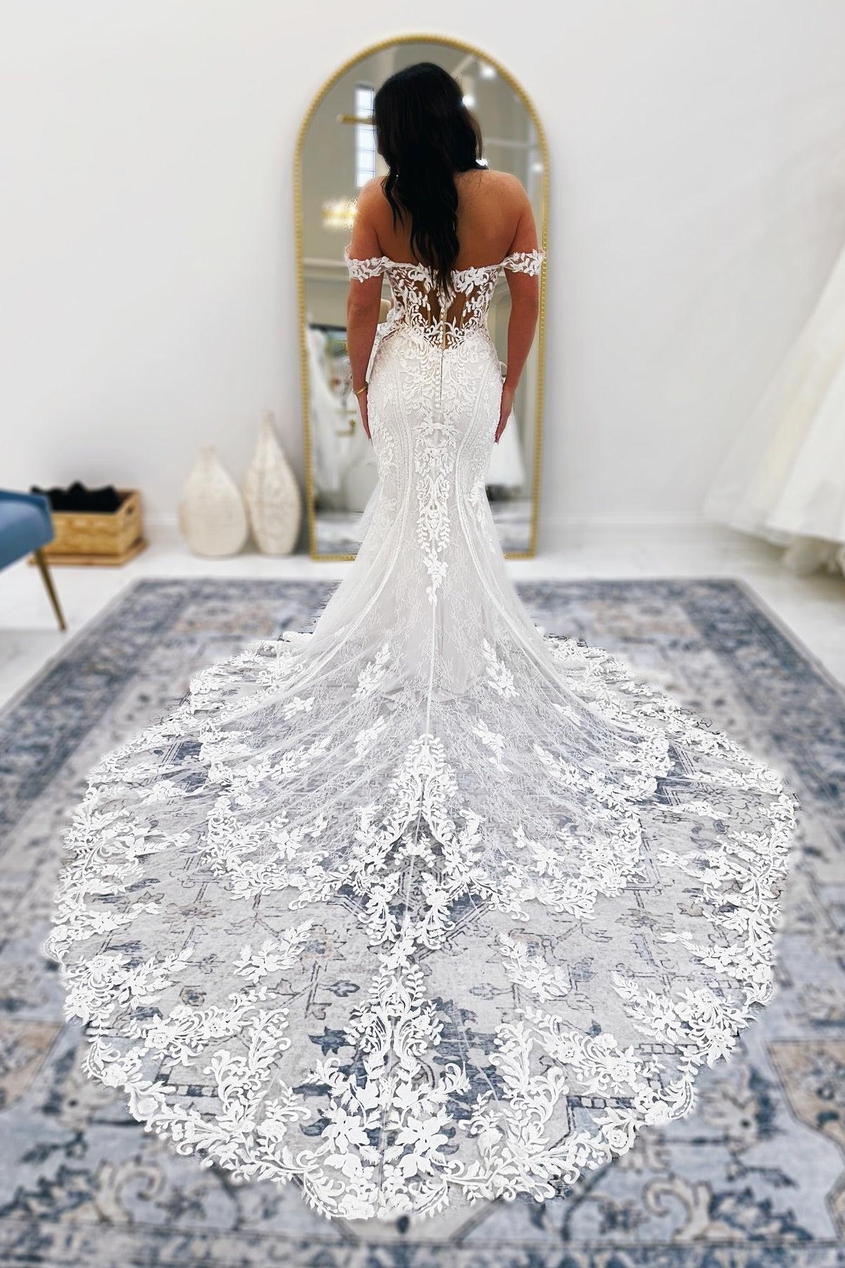 Dressystars White Wedding Dress Mermaid V Neck Off The Shoulder Lace Cathedral Train Bridal Gown With Appliques