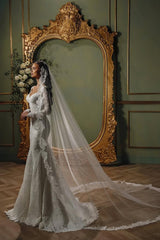 Dressystars White Wedding Dress Mermaid V Neck Sleeves Beaded Sweep Train Lace Bridal Gown