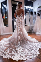 Dressystars White Wedding Dress Mermaid V Neck Spaghetti Strap Lace Tulle Bridal Gown With Appliques