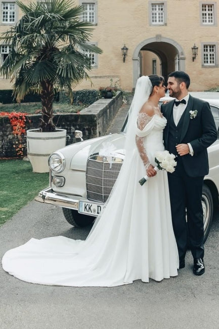Dressystars White Wedding Dress Off The Shoulder A Line Illusion Lace Sleeve Sweep Train Satin Bridal Gown With Slit