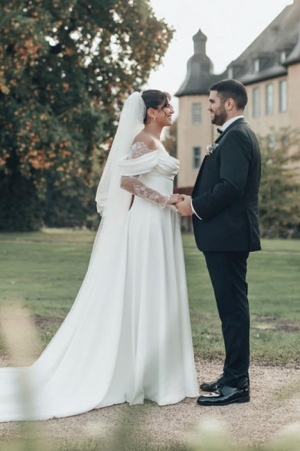 Dressystars White Wedding Dress Off The Shoulder A Line Illusion Lace Sleeve Sweep Train Satin Bridal Gown With Slit