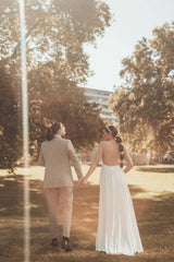 Dressystars White Wedding Dress One Shoulder Sleeveless Beading Bridal Gown With Slit