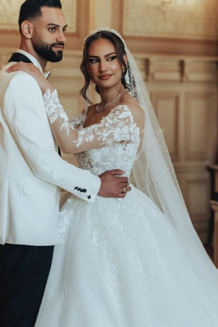 Dressystars White Wedding Dress Scoop Neck A Line Tulle Lace Bridal Gown With Sleeves