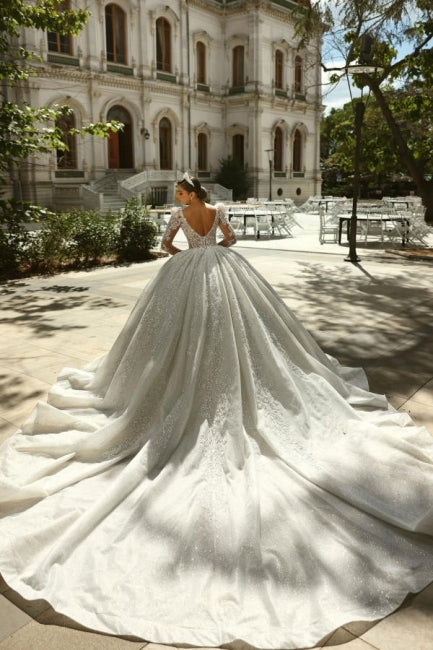 Dressystars White Wedding Dress Square Beaded Sleeve Lace Sequined Ball Gown Tulle Bridal Gown With Rhinestones