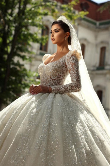 Dressystars White Wedding Dress Square Beaded Sleeve Lace Sequined Ball Gown Tulle Bridal Gown With Rhinestones