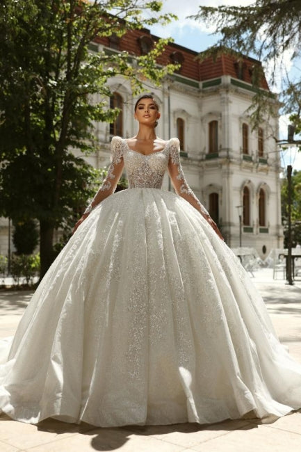 Dressystars White Wedding Dress Square Beaded Sleeve Lace Sequined Ball Gown Tulle Bridal Gown With Rhinestones
