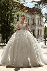 Dressystars White Wedding Dress Square Beaded Sleeve Lace Sequined Ball Gown Tulle Bridal Gown With Rhinestones