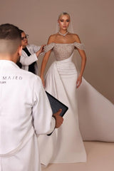 Dressystars White Wedding Dress Strapless Beaded Off The Shoulder Panel Train Satin Bridal Gown