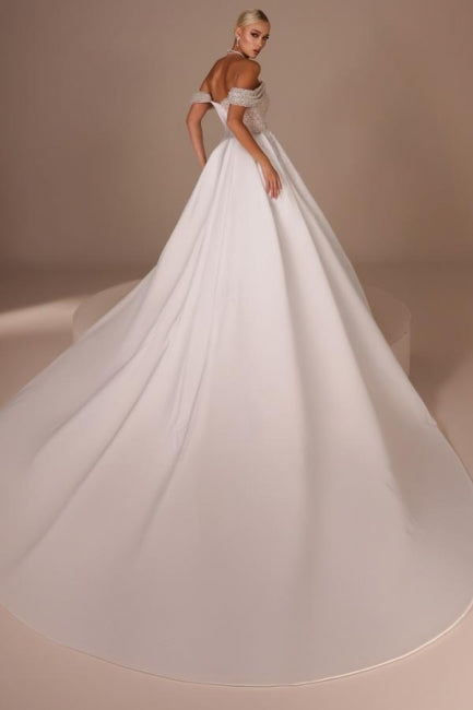 Dressystars White Wedding Dress Strapless Beaded Off The Shoulder Panel Train Satin Bridal Gown