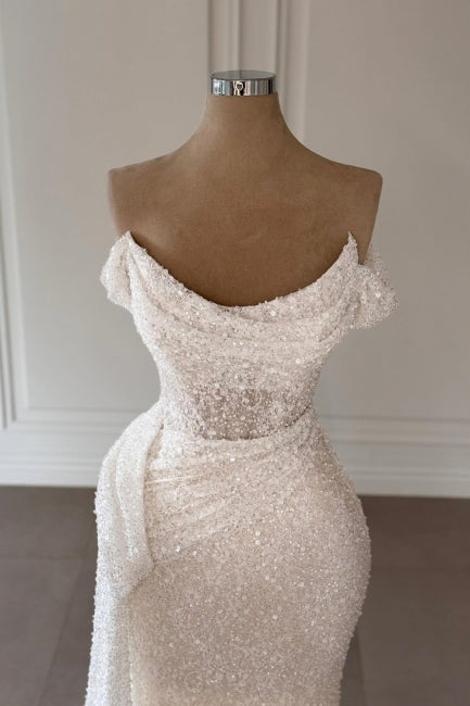 Dressystars White Wedding Dress Strapless Off The Shoulder Sleeveless Sequined Ruffle Tulle Bridal Gown