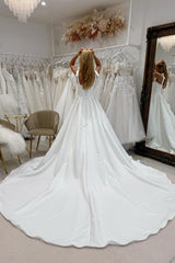 Dressystars White Wedding Dress Sweetheart A Line Spaghetti Strap Sleeveless Cathedral Train Satin Bridal Gown